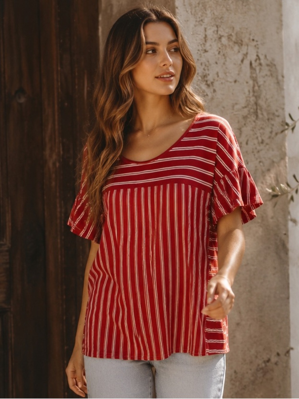 Red Striped Ruffle Sleeve Top Cottagecore Boho Casual 2X Plus Size